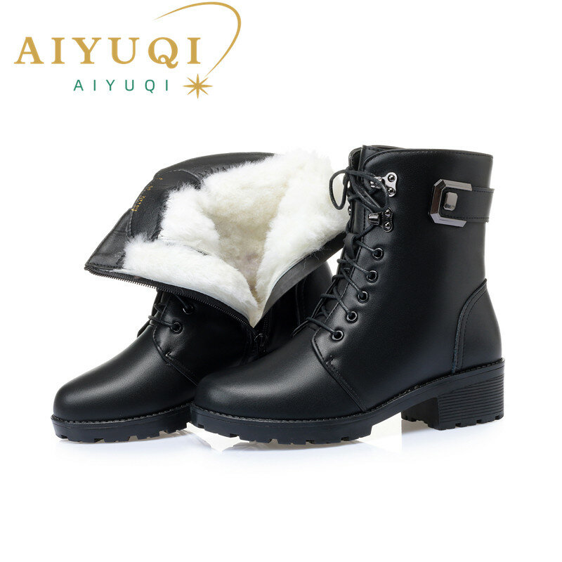 Aiyuqi บูทฤดูหนาวหนังแท้สำหรับผู้หญิง, รองเท้าบูทหุ้มข้อให้ความอบอุ่นกันลื่นสำหรับผู้หญิงไซส์ใหญ่41 42 43