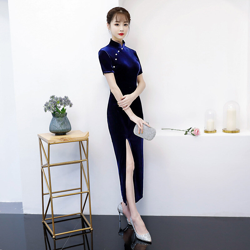 Women's Sexy Slim Fit Slit Cheongsam Velvet Standing Neck Short Sleeved Qipao Chinese Traditional Dress Women's Elegant Vestidos