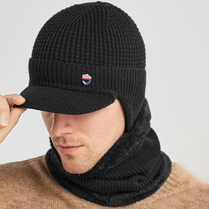 2 buah/set topi Beanie Visor Earflap dengan syal rajutan lembut bergaris hangat pria pelindung telinga musim dingin dan hangat topi rajut