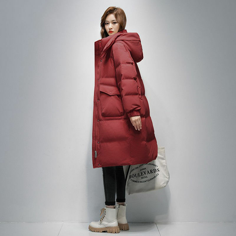 Jaket hangat bertudung wanita, mantel parka longgar versi panjang tebal musim dingin R455