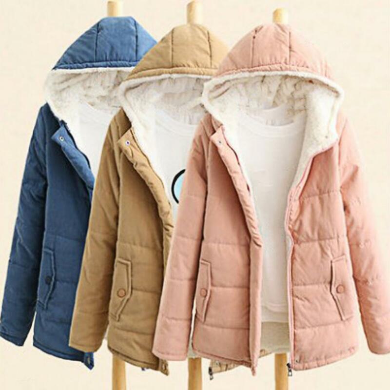 Mantel panjang bertudung untuk wanita, mantel hangat dengan ritsleting sol tebal musim dingin untuk luar ruangan