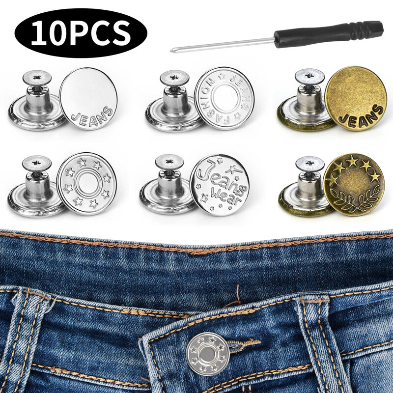 10 pçs costura-livre jeans liga parafuso tipo botões sem unhas cintura destacável calças ajustável tamanho da cintura botões enviar chave de fenda