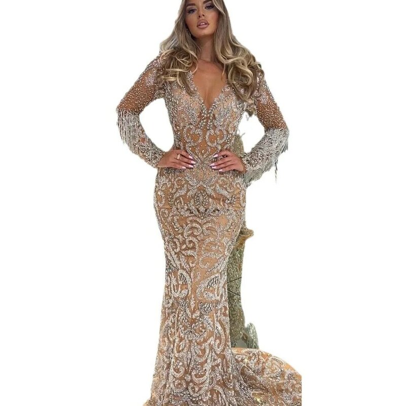 Vestido feminino cauda de peixe, vestido longo elegante e sexy, borlas douradas, recorte com decote em v, saia justa