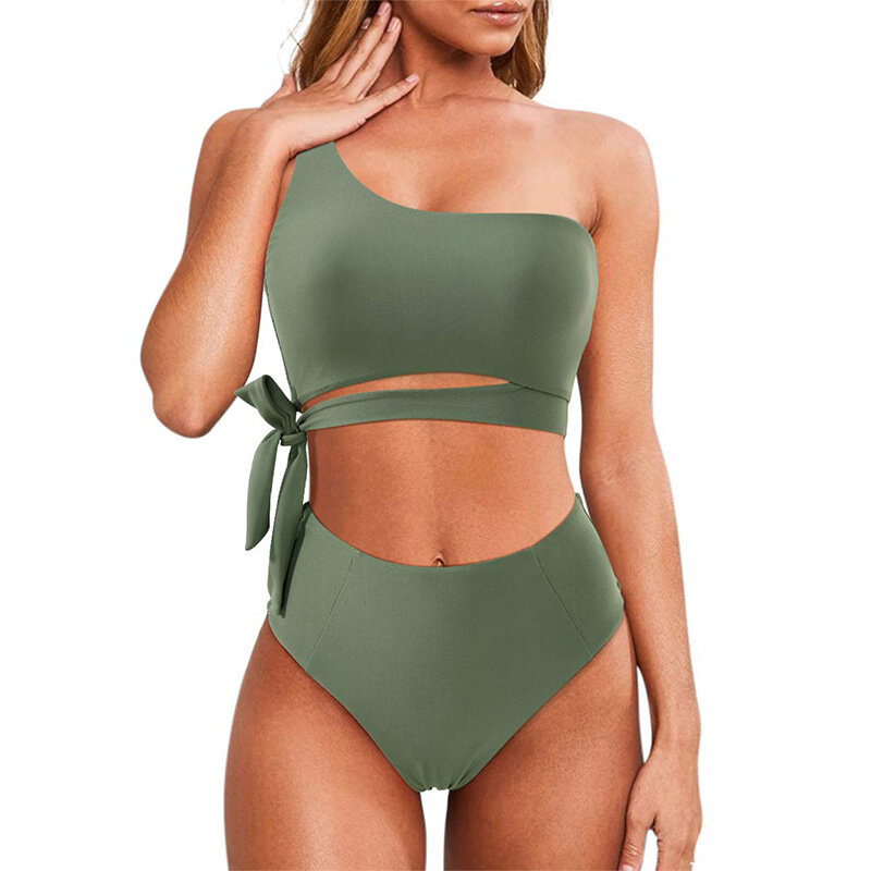 Bikini de cintura alta para mujer, traje de baño de dos piezas con realce, un hombro, piscina, 2024