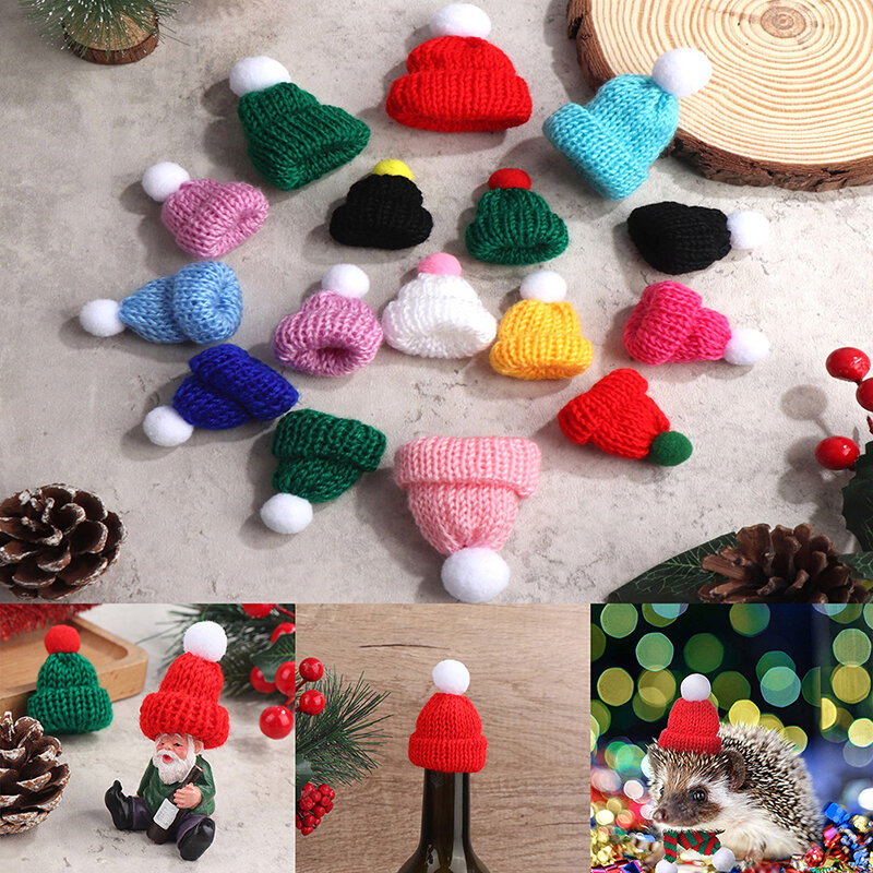 5Pcs Mini Knitting Hat Beanies Cap Doll Headwear Dollhouse Christmas New Year Home Decor Wine Bottle Decor Small Pet Costume