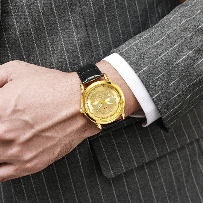 男性用腕時計,クラシック,ゴールドカラー,ドラゴンダイヤル,クォーツ,アナログ,シンプル,ゴールド