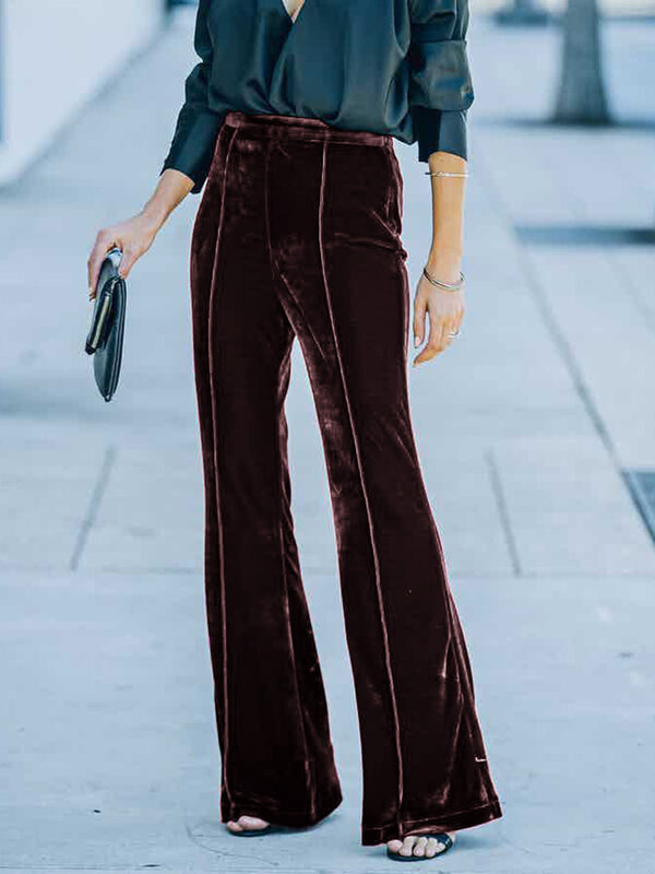 Terbaru Kedatangan Celana Beludru Wanita Menyala Celana Panjang Bootcut Pinggang Tinggi Elastis Kasual Warna Solid Streetwear