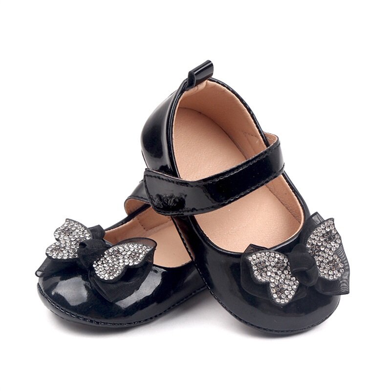 Baby Girl PU Leather Shallow Mouth Mary Jane Flat Shoes Non-Slip Rhinestone Bow Princess Dress Shoes Baby Crib Shoes