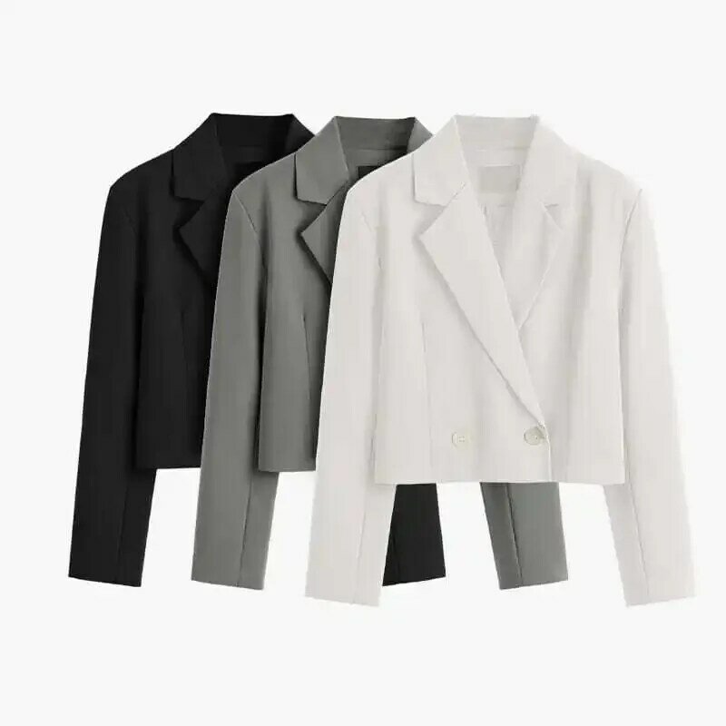 Moor666 Fashion Women Elegant Short Blazer Casual  Vintage Solid Color Long Sleeve Notched Collar Double Breasted Jacket