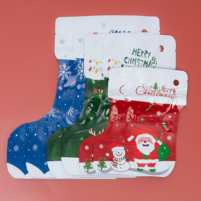Sacs cadeaux de Noël à fermeture éclair auto-scellante, forme de bottes de chaussettes, sac d'emballage de bonbons, père Noël, bonhomme de neige, fête de Noël, 5 pièces