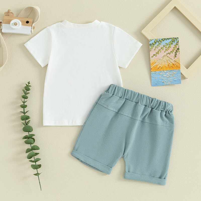Visogo-赤ちゃんの男の子の夏の衣装、半袖レタージェスチャープリントトップ、ロールカフショーツセット、カジュアルな幼児の服、0〜3y、2個