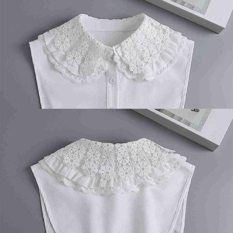 Dames multi-gelaagde revers faux kraag vintage voor wit half shirt blouse dickey uitgehold borduurwerk bloemen gewas
