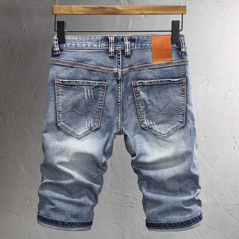 Celana Jeans Denim kasual pria, jins Retro biru bordir tambal sulam, desainer robek pendek Slim Fit Vintage