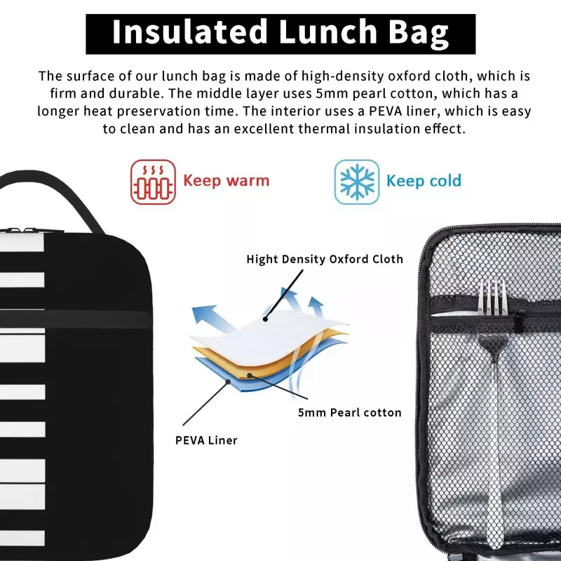 Изолированные сумки для ланча с пианино-клавишами, многоразовые сумки для пикника, термоохлаждающий Ланч-бокс, женская сумка для работы, для детей и школы