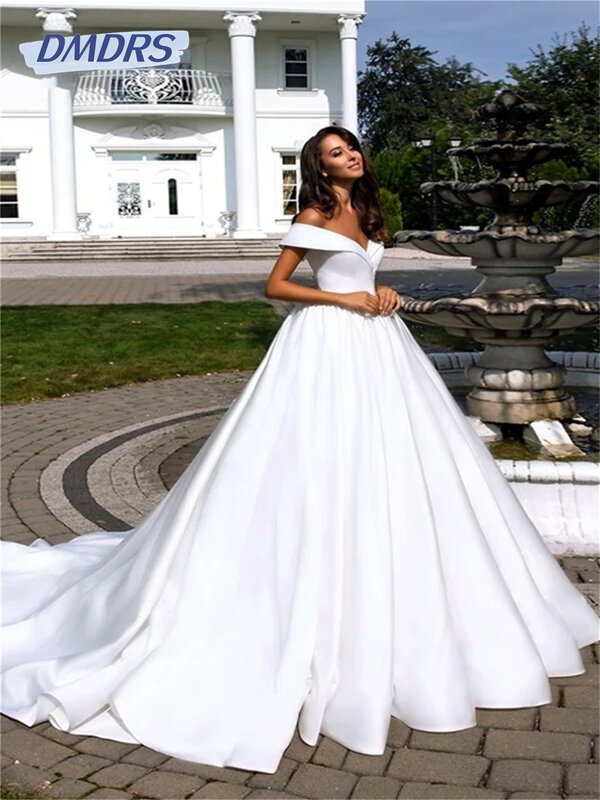 Gaun pengantin bahu terbuka 2024 elegan Satin gaun pernikahan romantis A-line gaun panjang lantai gaun pengantin Vestidos De Novia