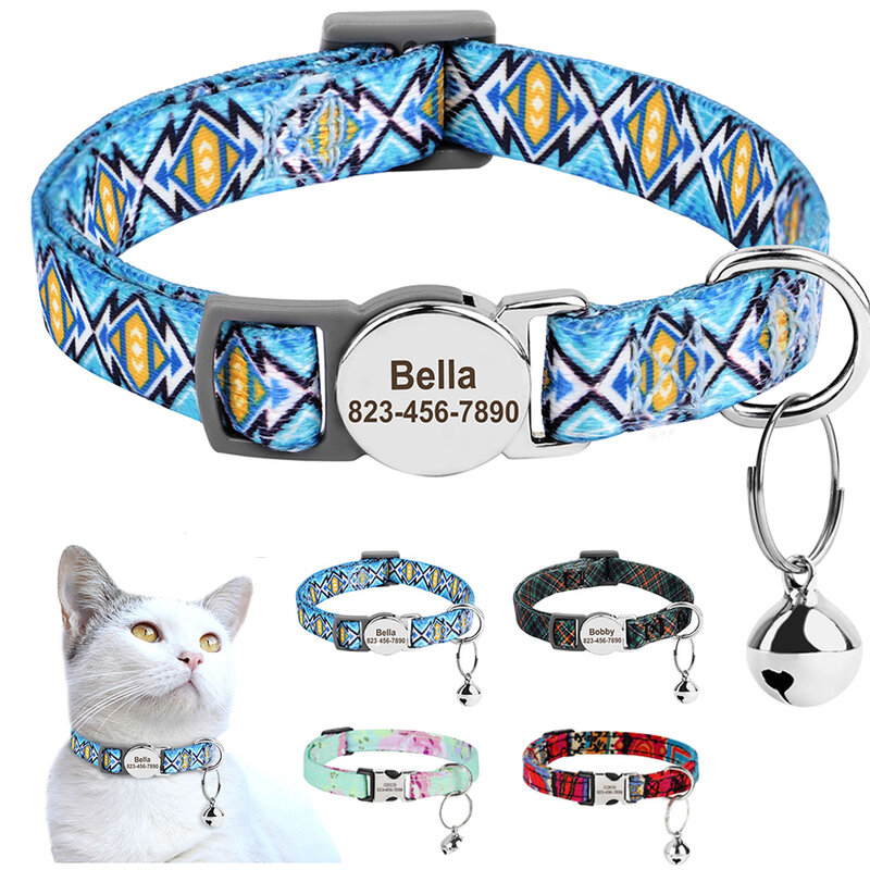 Нейлоновый персонализированный ошейник для кошек на заказ, искусственная идентификация для домашних питомцев от потери, с колокольчиком, подарок для маленьких собак и кошек