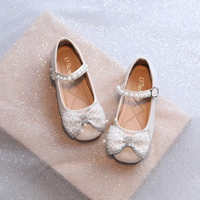 2024 Girls Pearl Princess Shoes Children's Rhinestones Bow Leather Shoes Toddler Fashion Party Kids Flats Wedding Shoes G858
