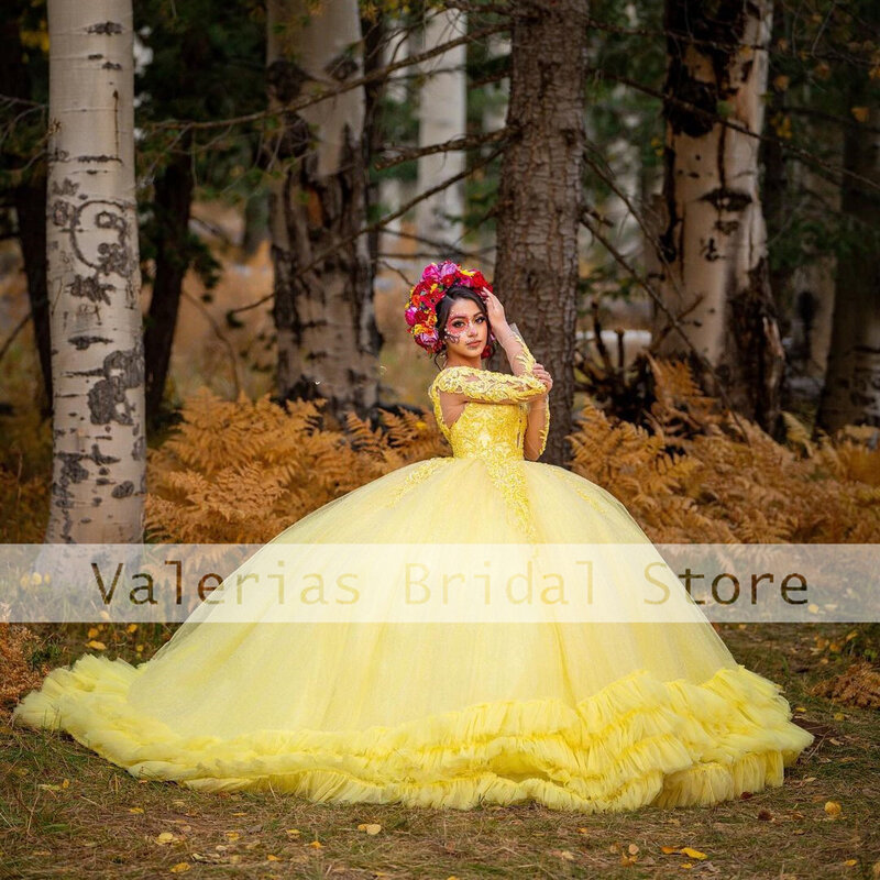 Yellow Ball Gown Quinceanera Dresses Tiered Ruffles Tulle Sweet 16 Birthday Party Prom Dress Appliques Robe De Soiree