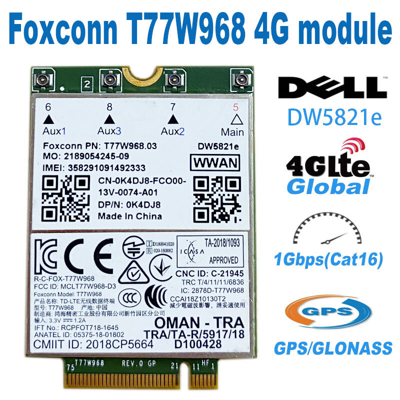 T77W968 DW5821e X20 LTE Cat16 1Gbps FDD-LTE TDD-LTE โมดูล4G สำหรับ Dell 5420 5424 7424 7400แล็ปท็อป