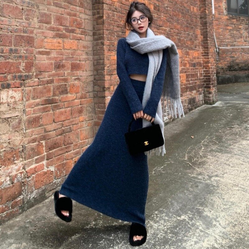 Korean Fashion Retro Style Knitted Sweater Pullover Blue Short Sweater High Waist Slim Long Half Skirt Set Female Clothing