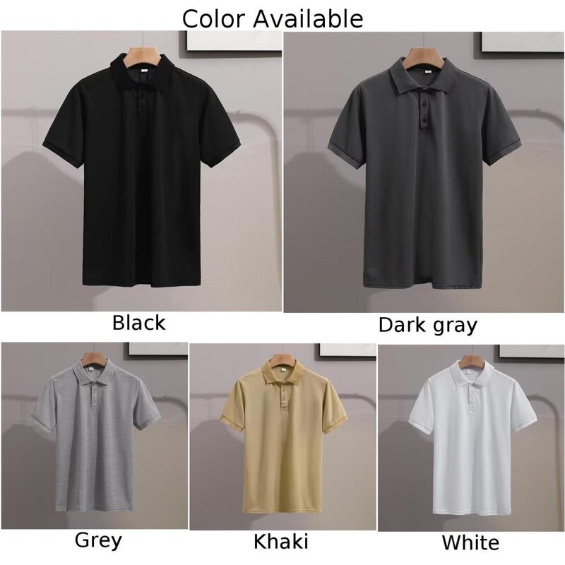 Camisetas de poliéster transpirables, camisa Regular de manga corta, ajustada, Color sólido, botones de negocios