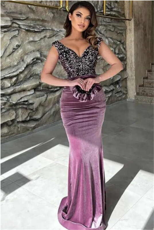 Sexy New V neck Sequined Top Mermaid Prom Dresses Backless Velvet Formal Evening Gowns Floor Length فساتين للحفلات الراقصة