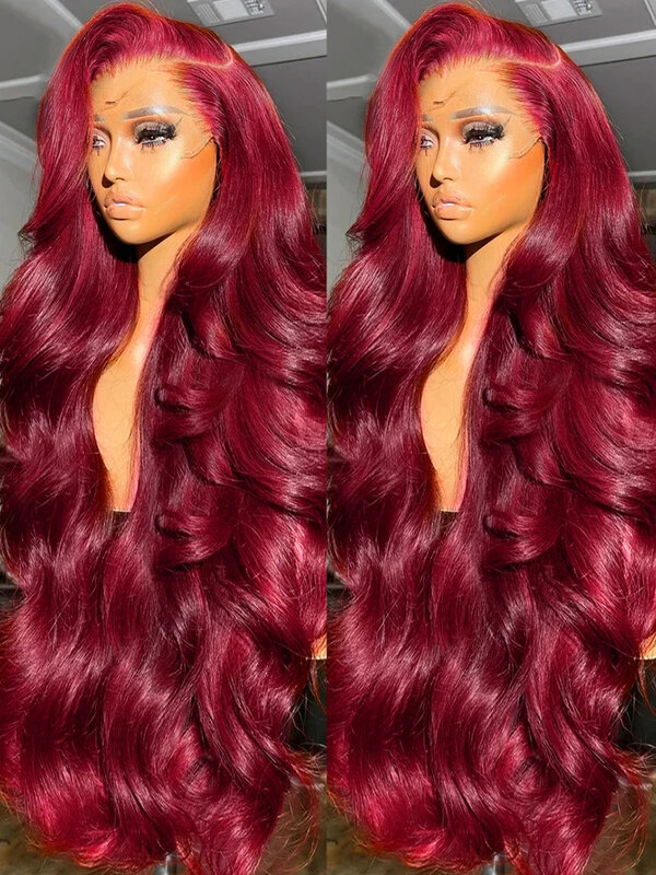 13x4 99J HD Transparent Lace Frontal Wig 180% Burgundy Body Wave 13x6 Lace Front Human Hair Wig Dark Red Colored For Women