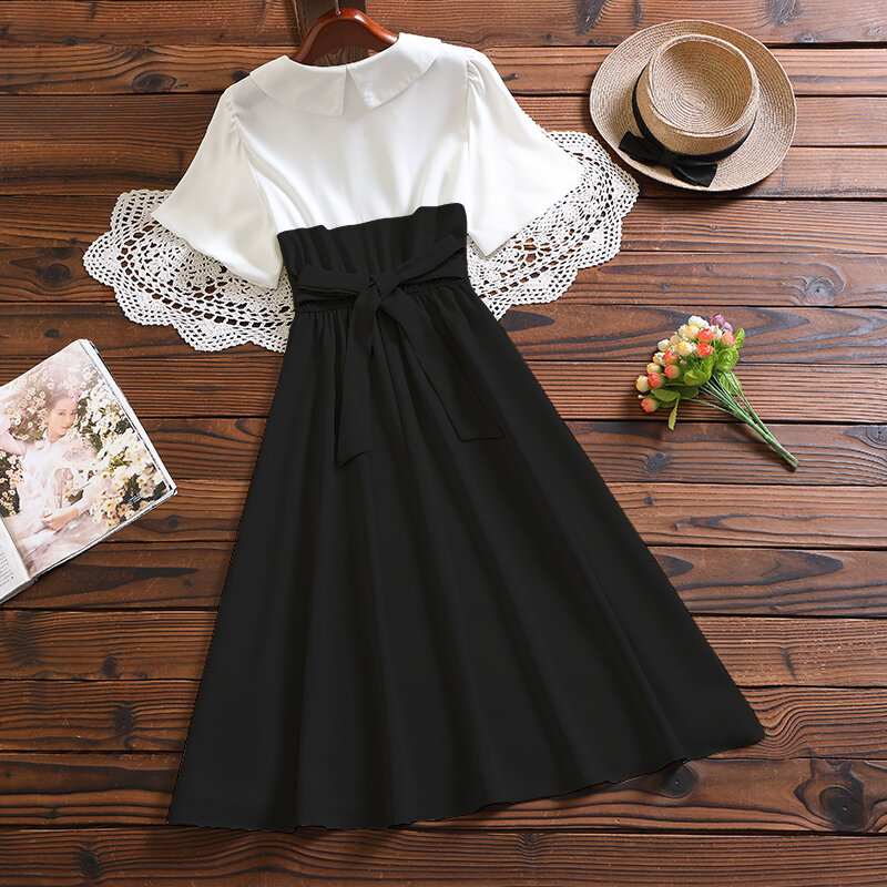 Mori girl solid vestidos New summer fashion short sleeve women vintage black dress