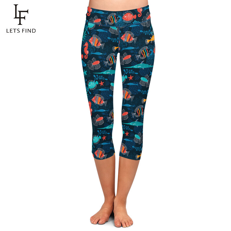 LETSFIND-mallas Capri de cintura alta para mujer, Leggings con estampado de peces de dibujos animados, color negro