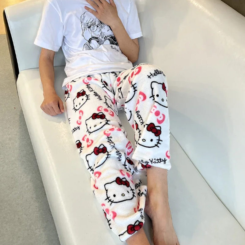 Witam Kitty słodkie piżamy z kreskówki Sanrio spodnie Anime wielobarwne flanelowe kobiety na co dzień domowe modne spodnie dziewczęce ubranka na prezent