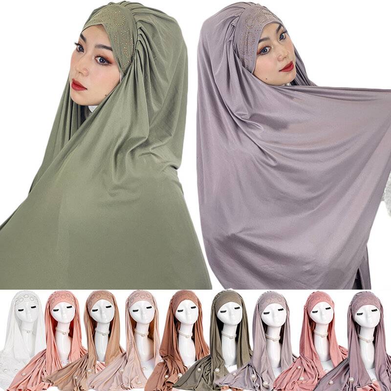 Malezyjski muzułmański natychmiastowy hidżab krawat z tyłu Jersey Rhinestone nakrycie głowy kobiety welon szale Ramadan Islam gotowy do noszenia chusty