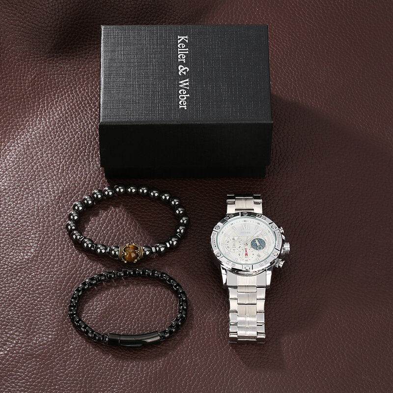 Chronograf dla mężczyzn z zestaw bransoletek luksusowy prezent dla chłopaka wielofunkcyjne zegarki kwarcowe ze stali nierdzewnej Reloj