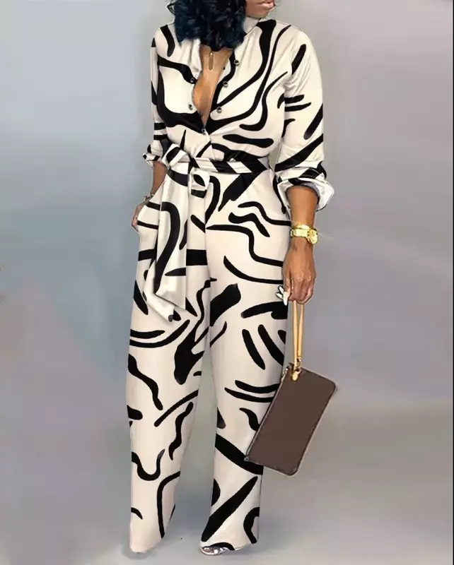 Spring Autumn African Printed Straight Leg Jumpsuit Women Casual Button Down Long Sleeve Turn Down Collar Party Club Jumpsuit