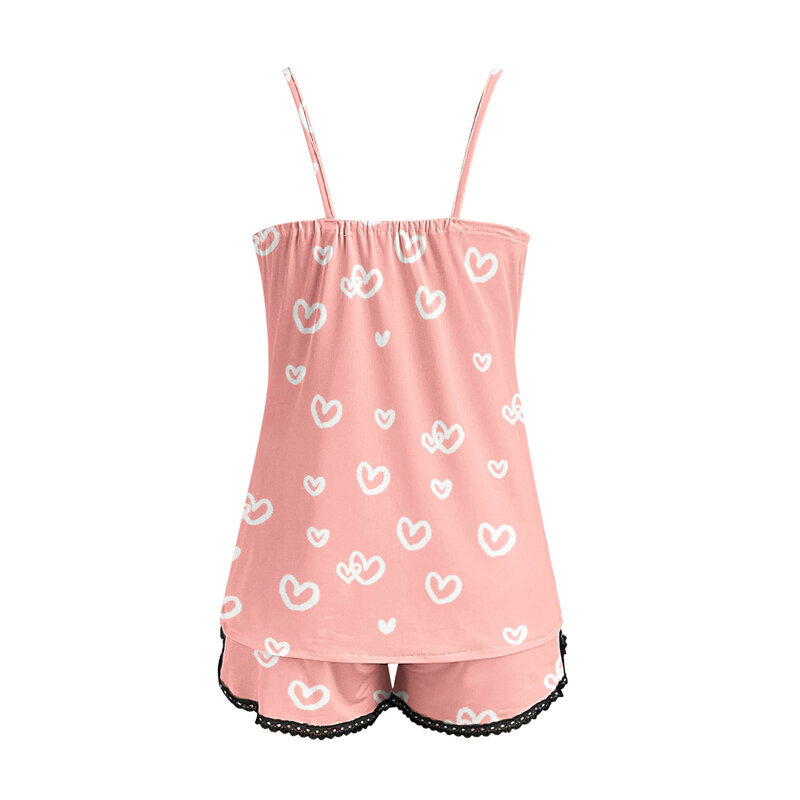 Conjunto de Pijama Sexy para mujer, camisola con estampado de corazón, pantalones cortos, traje de encaje, ropa de dormir para el hogar, 2 piezas