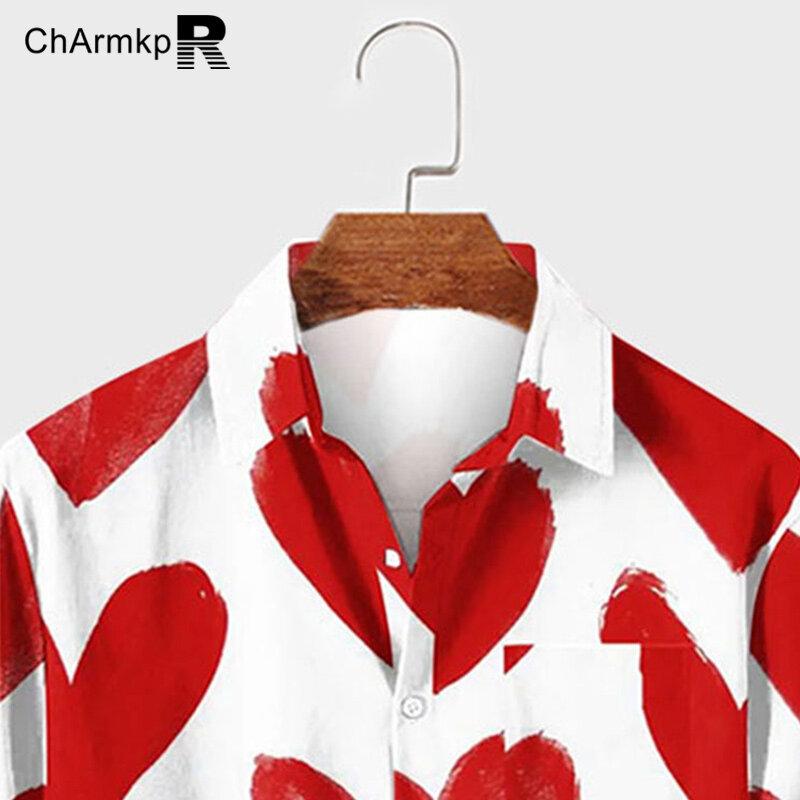 ChArmkpR 남성용 반팔 셔츠, 패션 상의, 하트 프린트 라펠 셔츠, 스트리트웨어, 남성 S-2XL, 2024 여름 의류