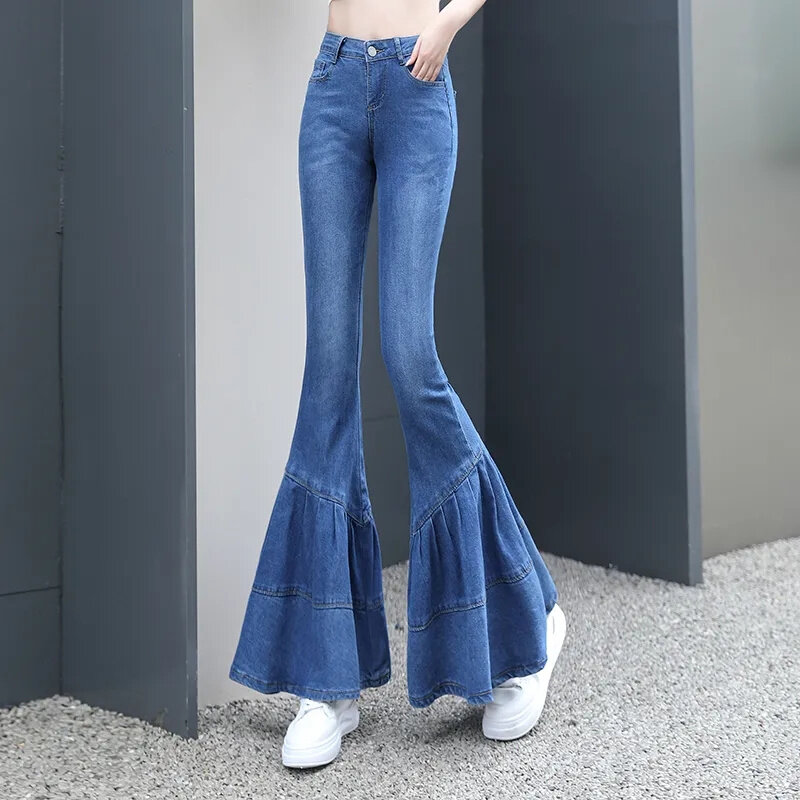 Jeans feminino de nove pontos com chifre grande, calça jeans de temperamento fino, slim fit, novo, senso de design, primavera e outono, 2024