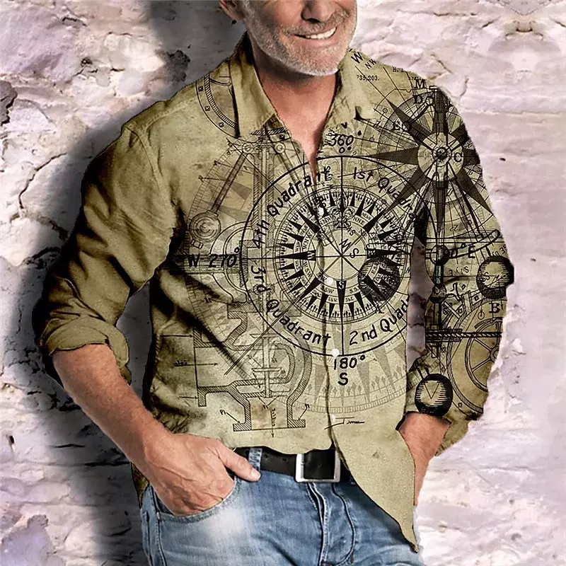 Рубашка мужская с отложным воротником, длинным рукавом и компасом