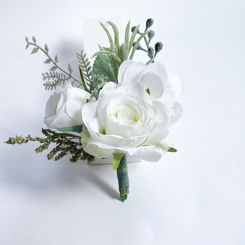 สีขาว Boutonniere Corsage แต่งงานดอกไม้ประดิษฐ์ Red Rose สร้อยข้อมือสำหรับเจ้าสาวผู้ชาย Buttonhole ผู้เข้าพักแต่งงานอุปกรณ์เสริม