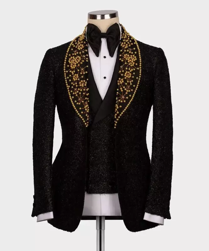 Costume noir brillant pour hommes, ensemble 3 pièces blazer + pantalon glacé, défilé de luxe, smoking de mariage, bureau formel, veste sur mesure, manteau