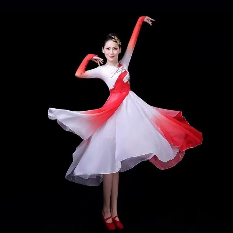 Applique Beaded Rhinestone Feather Cocktail Prom Dress Red and White Dresses for Dancing Parties Chinese Dance Costume