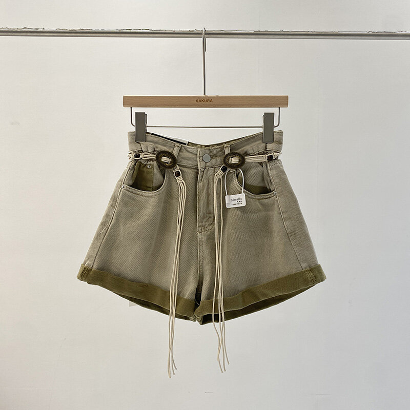 Denim Shorts Women Binding Pockets Lace-up High Waist Summer Streetwear Korean Style A-line Wide Leg Short Designer Dropshipping