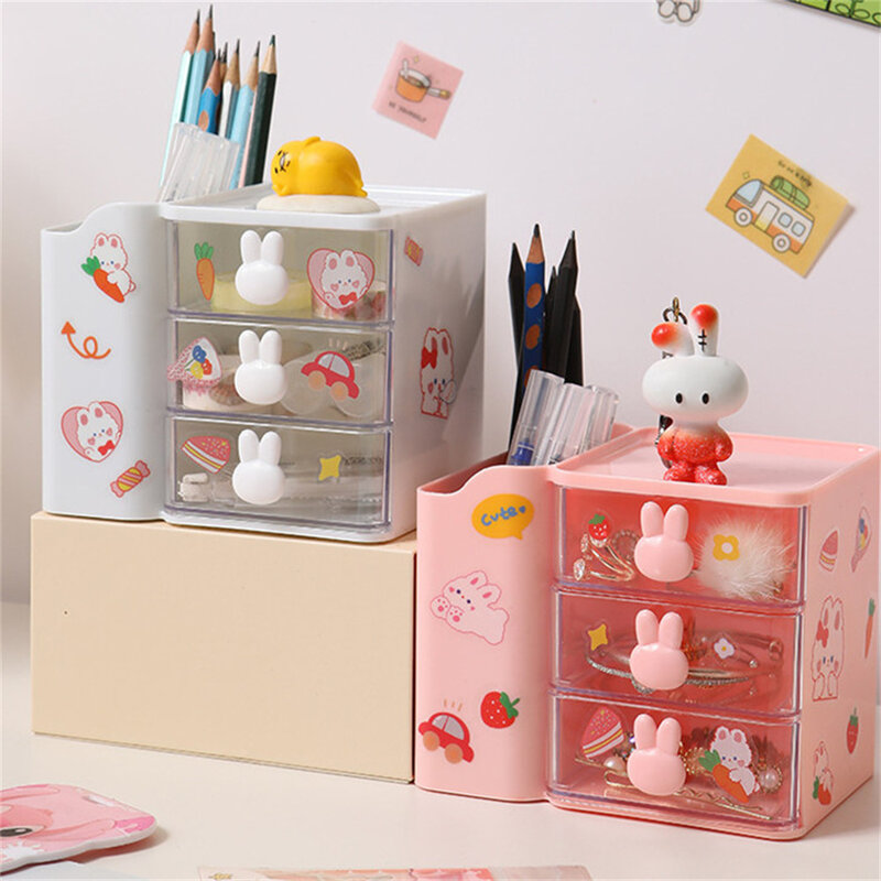 Cute Desktop Storage Box Cosmetic Organizer Drawer Office Storage Rack Desk Pen Holder Bunny Stationery Sundry Organizer 2024