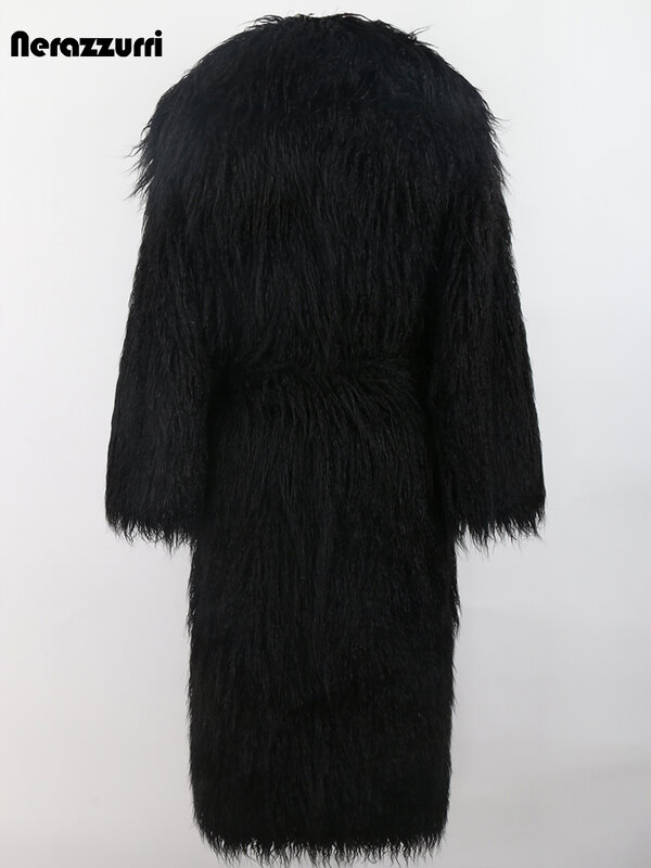 Nerazzurri зимнее длинное белое черное лохматое пушистое толстое теплое мягкое стильное пальто из искусственного монгольского меха ягненка с поясом и лацканами свободная повседневная корейская мода 2023 эко шуба