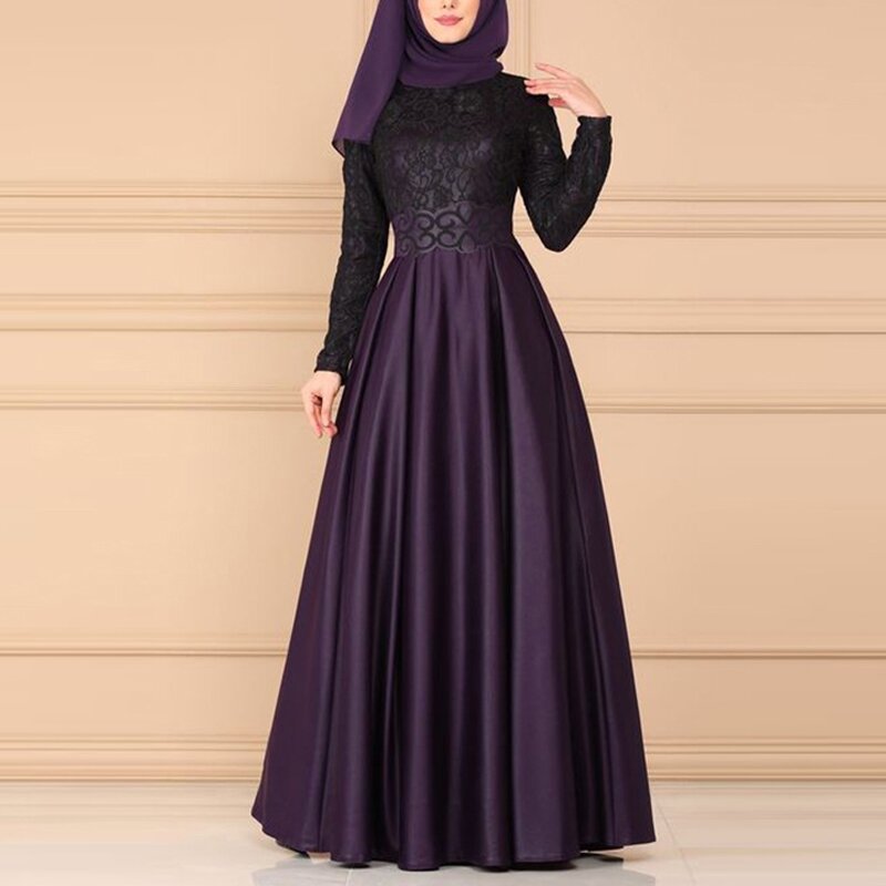 Etosell rendas retalhos abayas muçulmano vestido para festa de noite feminino elegante de cintura alta formal senhoras longo robe feminino plus size