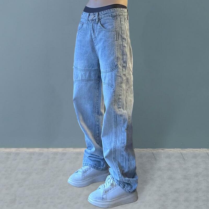 Men Pants Breathable Wide Leg Men's Pants with Patchwork Design Multiple Pockets for Comfortable Stylish Wear Comfortable Men