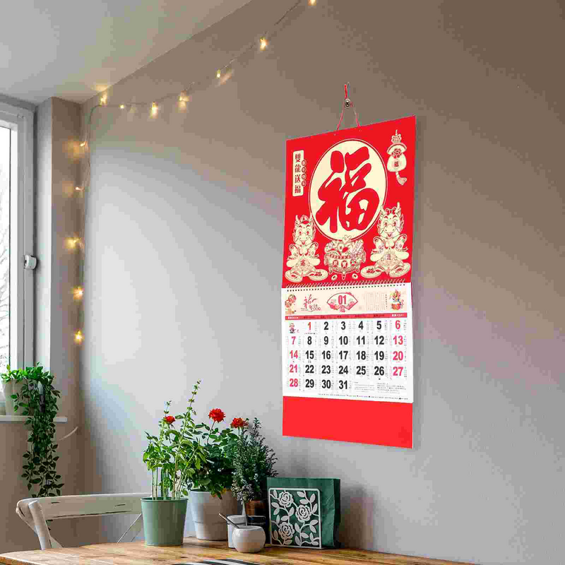 Kalendarz ścienny 2024. Dekoracyjne wiszące chińskie kalendarze noworoczne Księżycowe delikatne tradycyjne miesięczne duże złote liście
