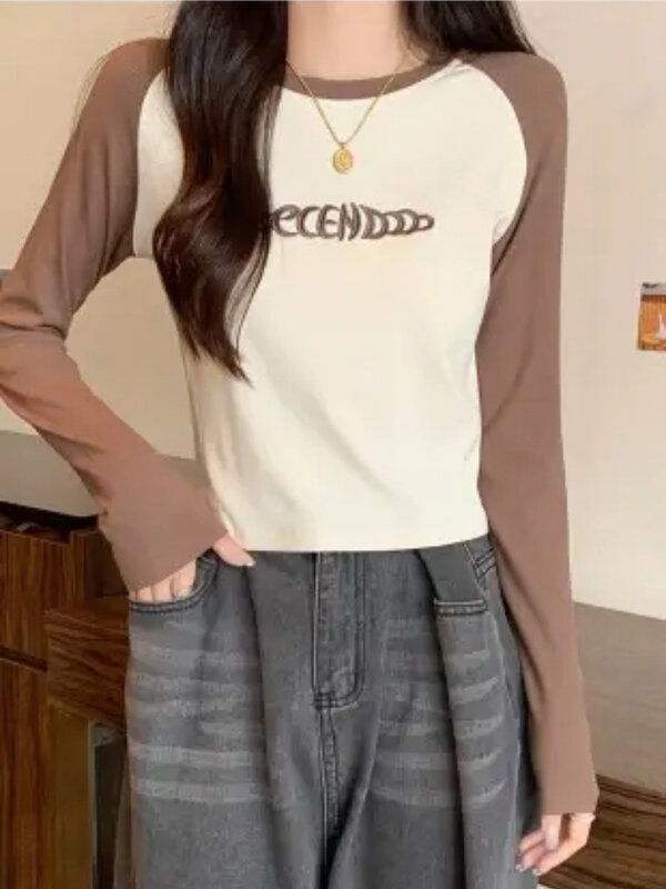 Yuqi Vrouwen Lente Herfst Lange Mouw T-Shirts Tops Effen Slank Contrast Pullovers Causal T-Shirts Dames Streetwear Basis T-Shirts
