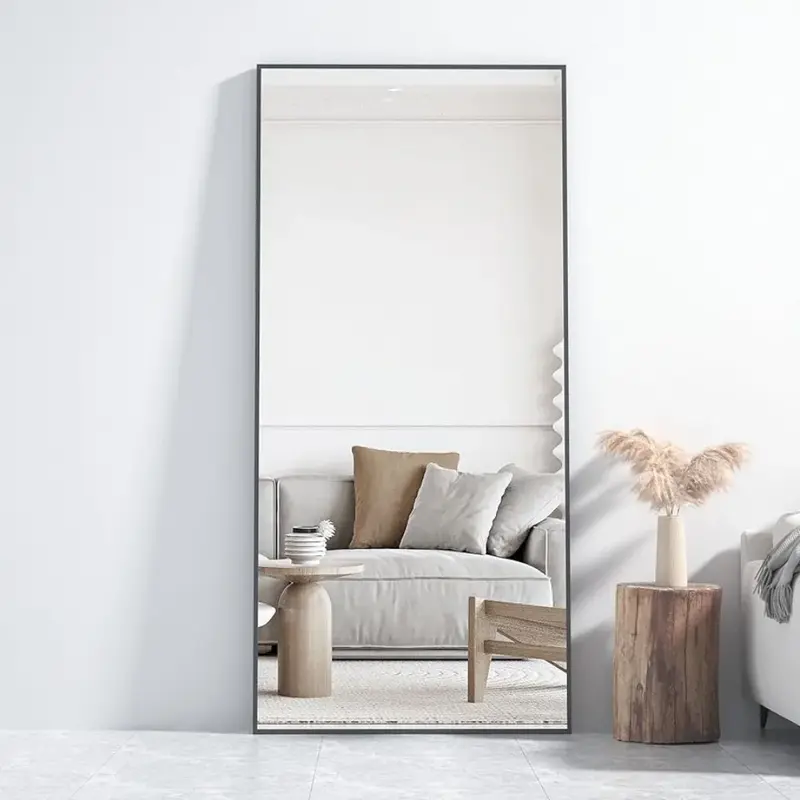 Espelho permanente grande do assoalho do comprimento total, espelho fino do quadro, contra a parede para o quarto, 65x24 ", preto