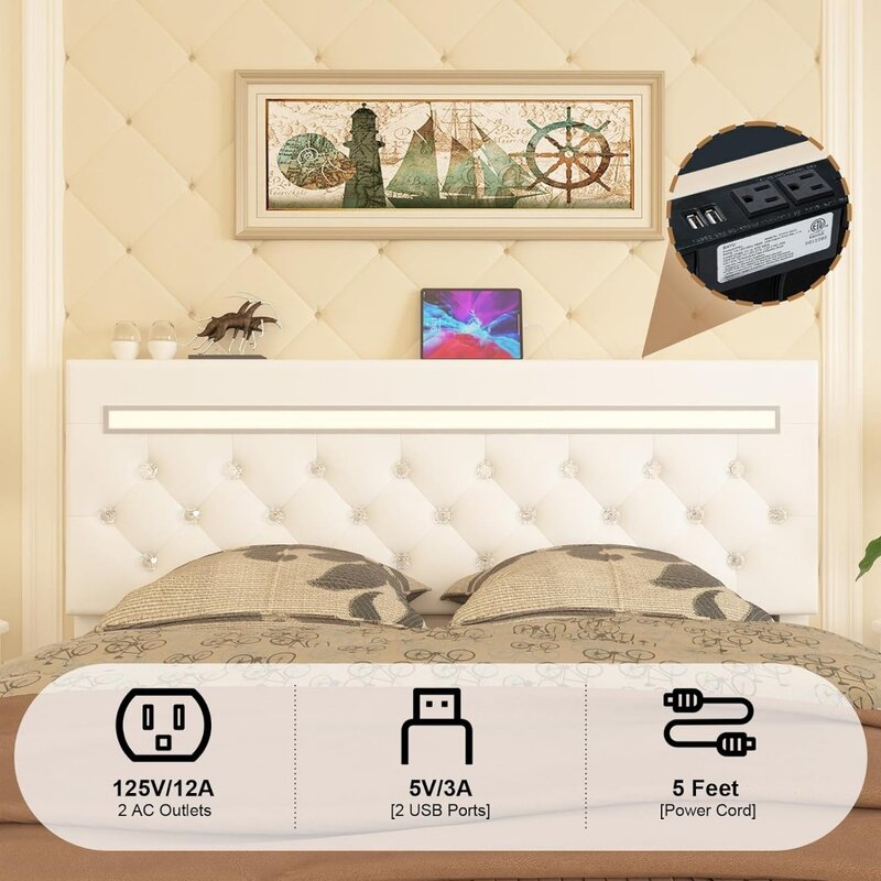 Cadre de lit Queen Size avec planche de sauna réglable, cadre en cuir LED, lit à plateforme clouté