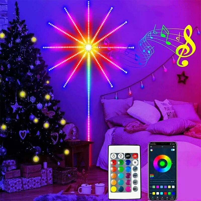 Lampu kembang api LED tahan air USB, lampu Bluetooth pintar RGB, kontrol aplikasi sinkronisasi musik kamar tidur TV dinding Bar dekorasi Natal